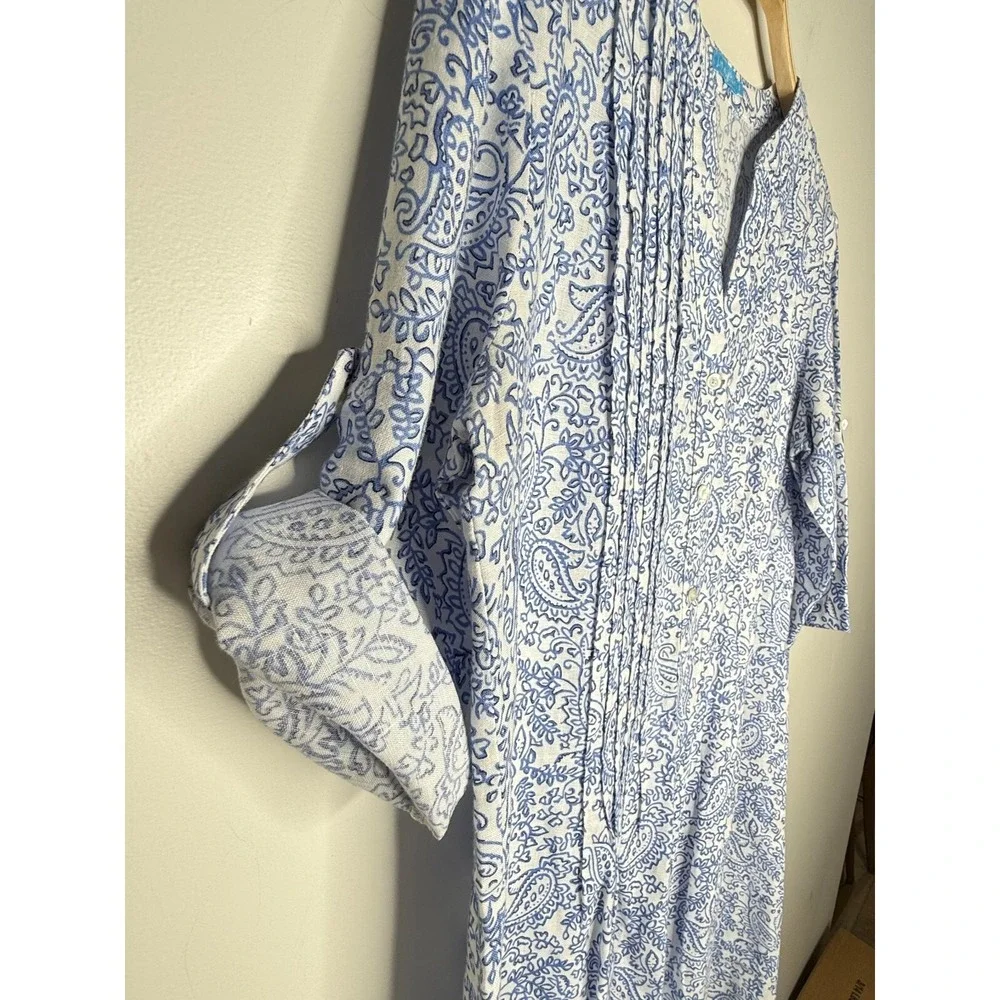 J.McLaughlin Linen Dress Womens S Blue Paisley Shift‎ Roll Tab Coastal